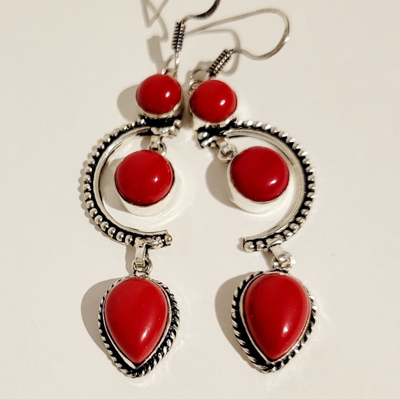 Natural Italian Red Coral 925 Silver Earrings - 3" - Picture 5 of 7